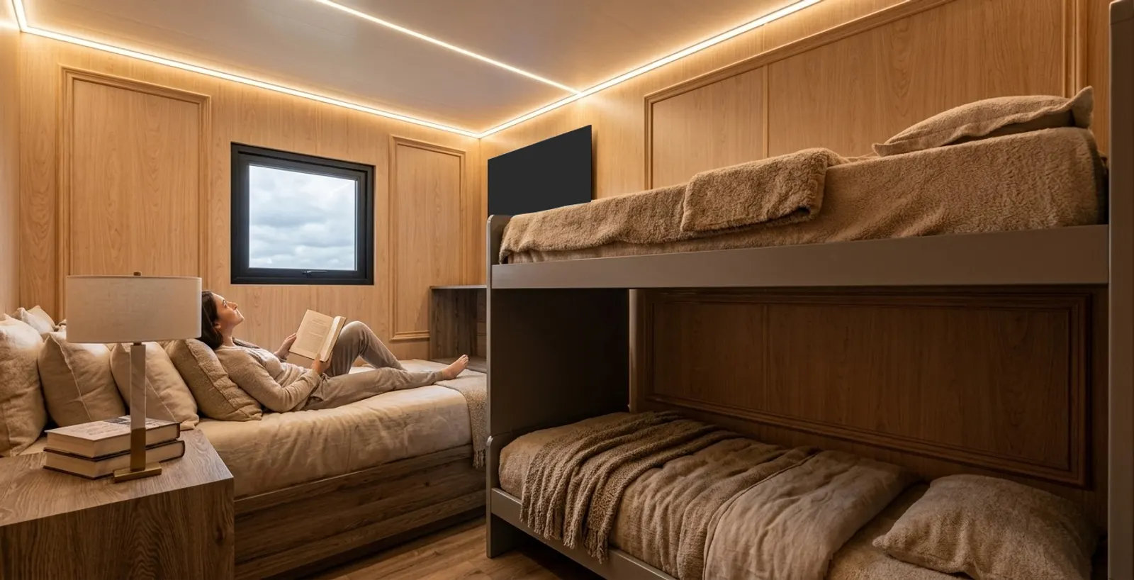 Interior con cama, cucheta, ventana y luz LED en el cielorraso.